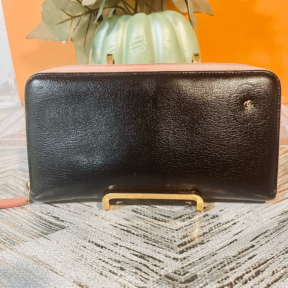Chanel black and pink zipper long wallet